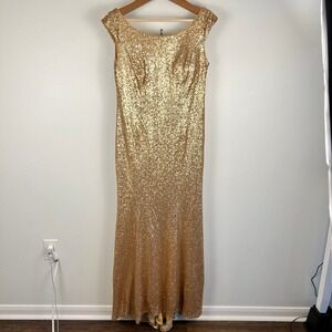 Gold Sequin Cap-Sleeve Evening Gown